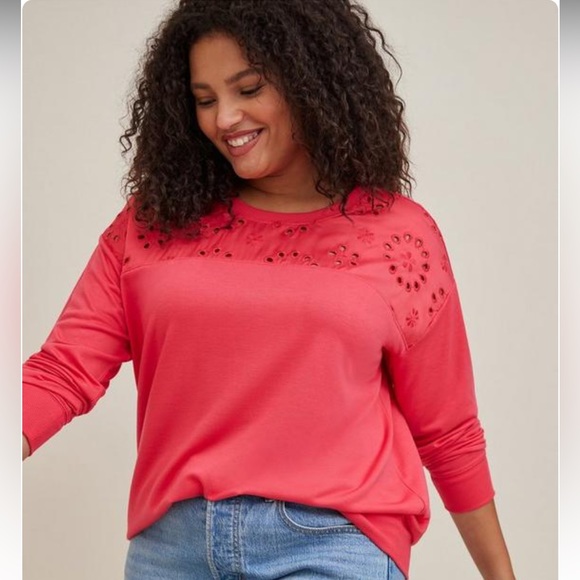 torrid Tops - Torrid Sweatshirt Women's 3 3X Red French Terry Crew Neck Eyelet Drop Shoulder
